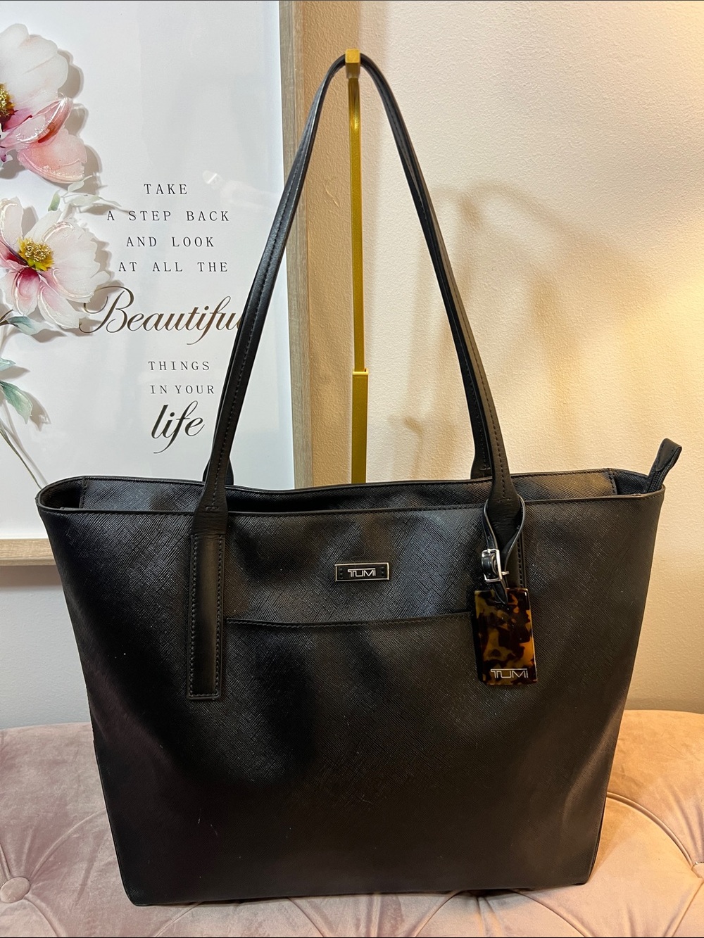 Tumi Black Saffiano Leather Travel/Work Tote with Tortoiseshell ID Tag